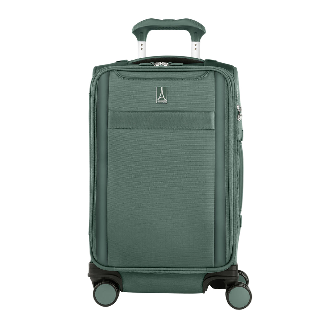 Front view of Travelpro Versapack+  Carry-On in Desert Sage Green, featuring a PowerScope Extension Handle.