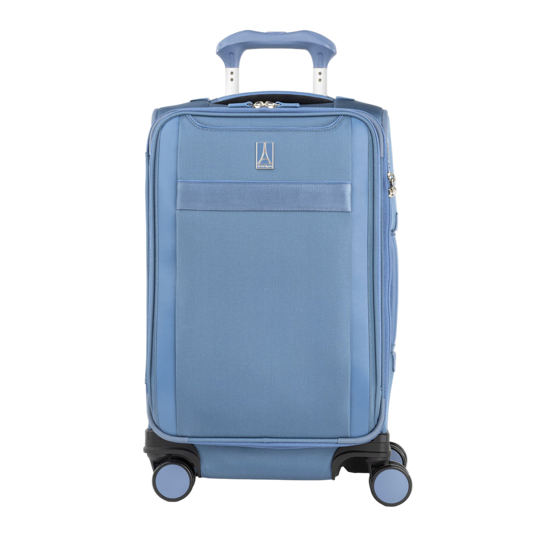 Front view of Travelpro Versapack+  Carry-On in Elemental Blue, featuring a PowerScope Extension Handle and 360° Spinner Wheels.
