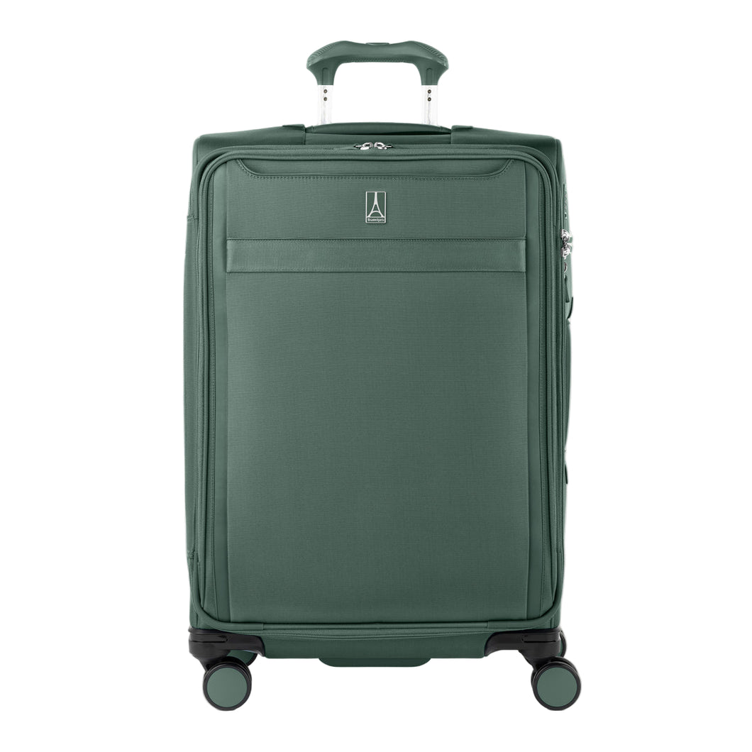 Front view of Travelpro Versapack+ Medium Check-In Spinner in Slate Green, featuring 360° spinner wheels and a PowerScope Lite handle.
