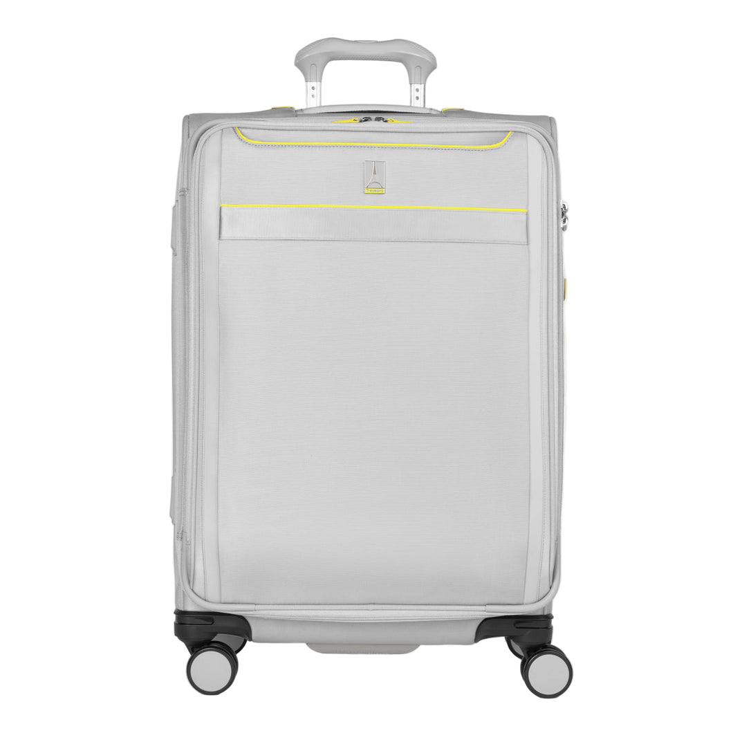 Front view of Travelpro Versapack+ Medium Check-In Spinner in Cyber Lime, featuring 360° spinner wheels and PowerScope Lite handle.
