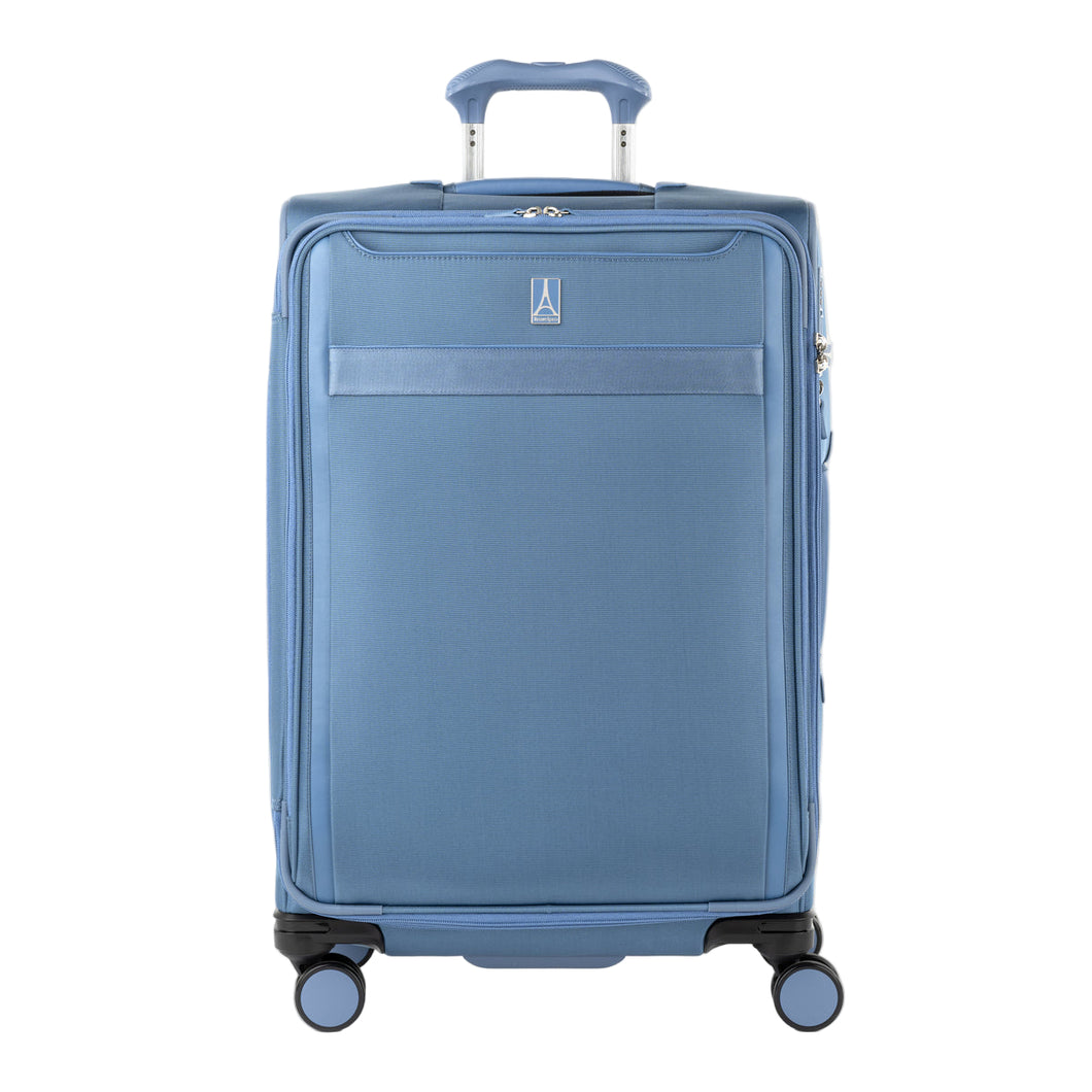 Front view of Travelpro Versapack+ Medium Check-In Spinner in Elemental Blue, featuring 360° spinner wheels and PowerScope Lite handle.
